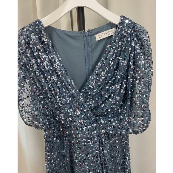 Mac Duggal Blue Draped Sleeve V-Neck Gown Slate Blue 5640 Size 4 NWT Sequins - Picture 4 of 16